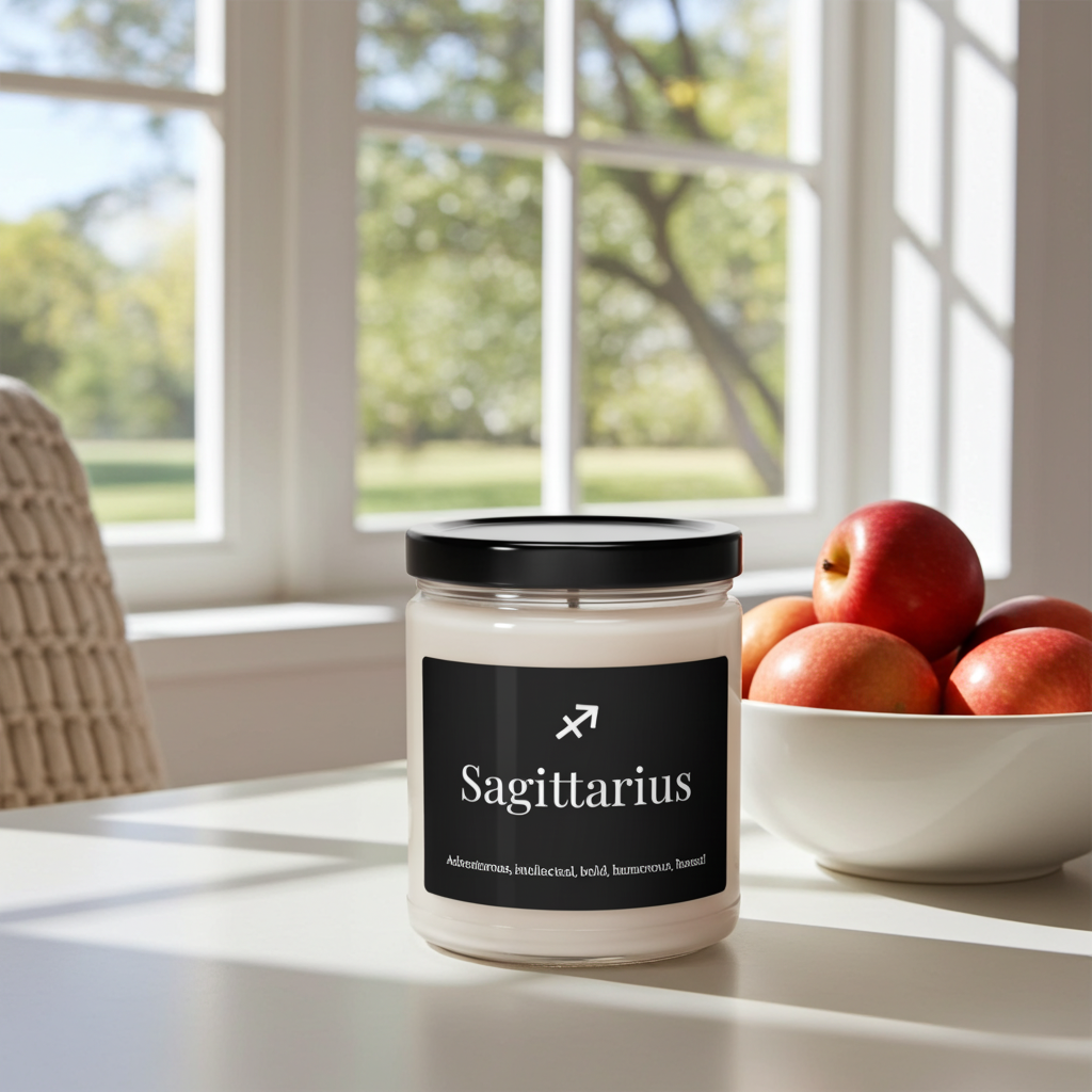 Sagittarius candle on a table with a bowl of apples in front of a window