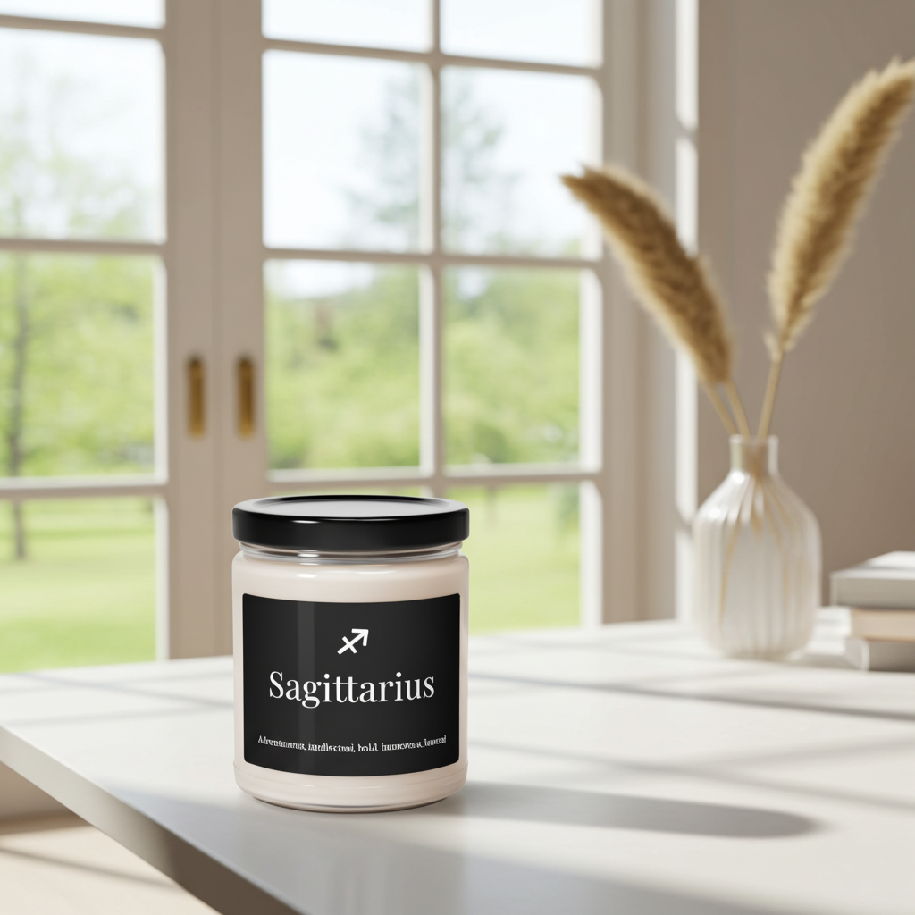Candle jar labeled 'Sagittarius' on a table with a window in the background