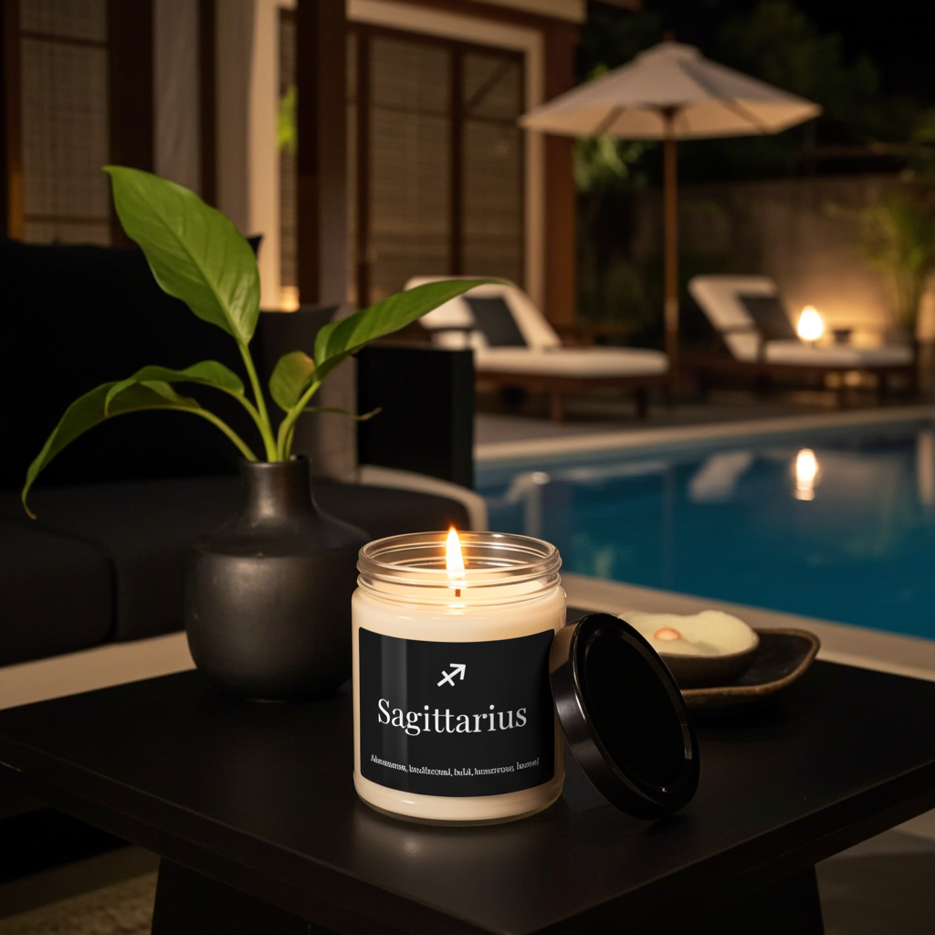 Sagittarius candle on a table by a poolside at night