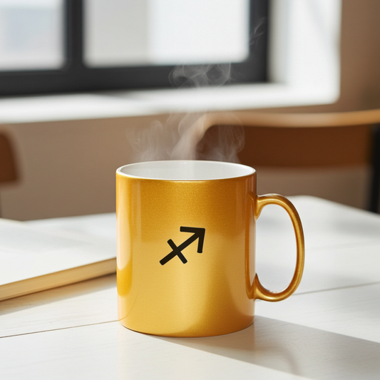 Gold mug with a black symbol on a wooden surface, steam rising from it.