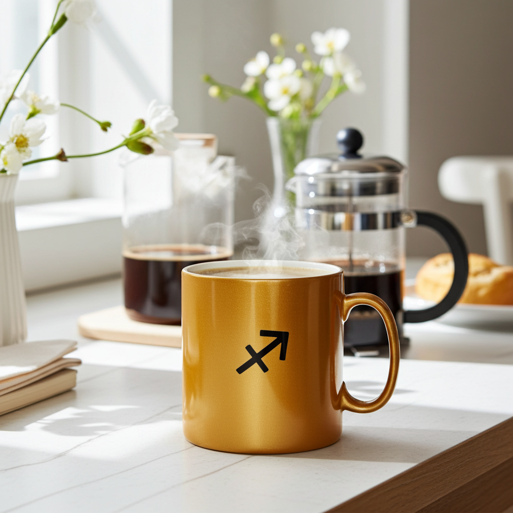Gold mug with a black Sagittarius symbol on a table with coffee and flowers