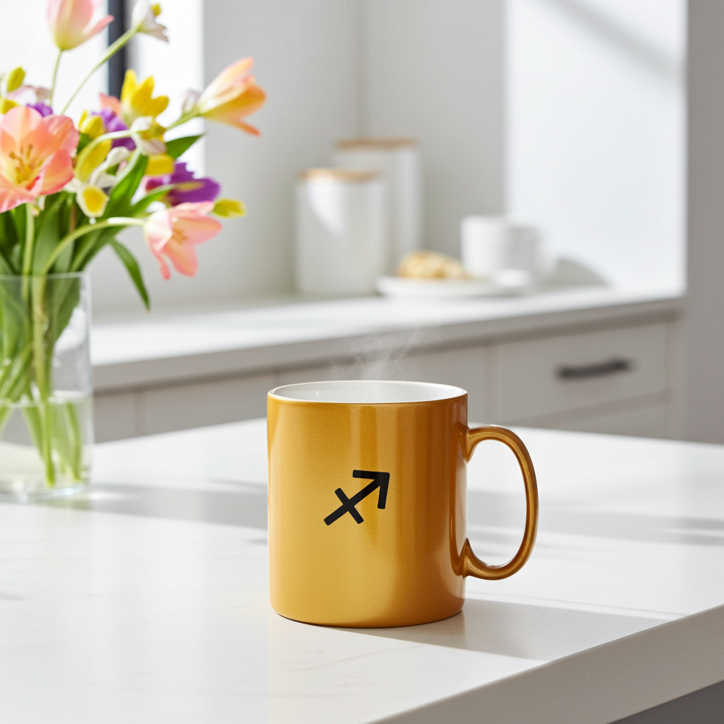 Gold mug with a Sagittarius symbol on a white surface, with flowers and kitchen items in the background.