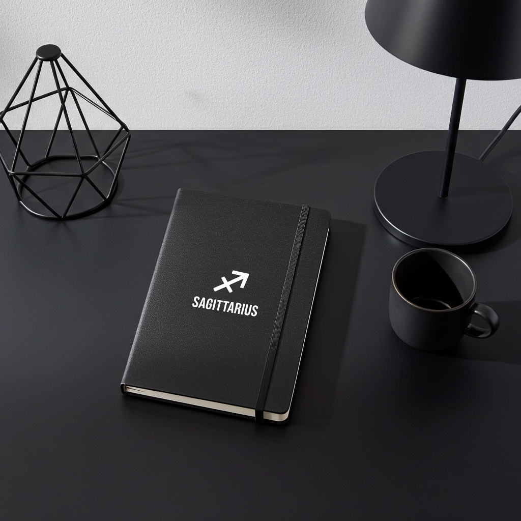 Black notebook with 'Sagittarius' design on a dark surface with a lamp and cup.