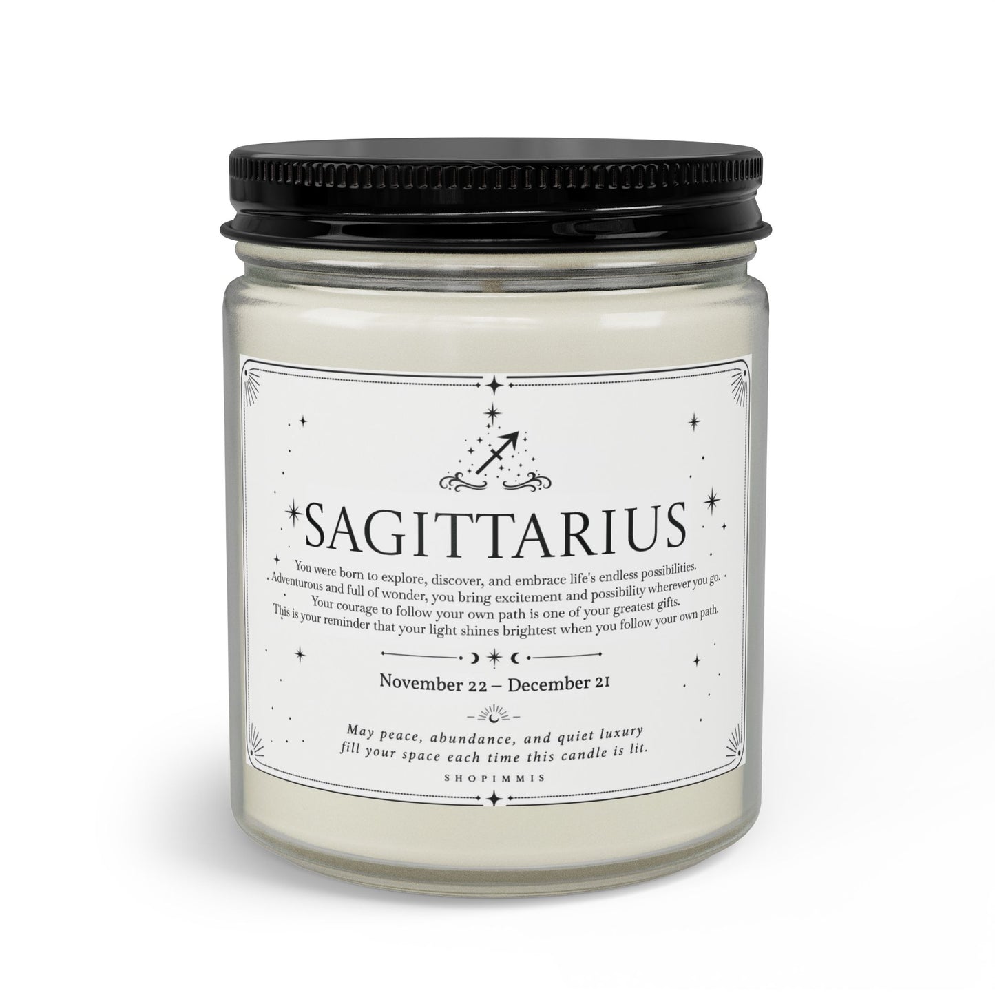 Candle jar with a Sagittarius label on a white background