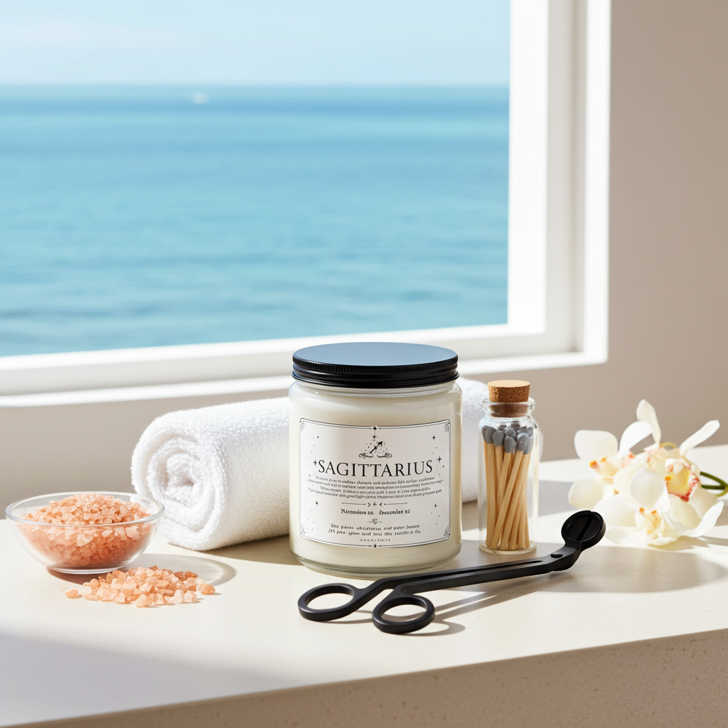 Scented candle labeled 'Sagittarius' on a windowsill with ocean view