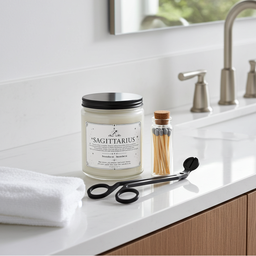 Candle labeled 'Sagittarius' on a bathroom counter with sink and mirror in the background