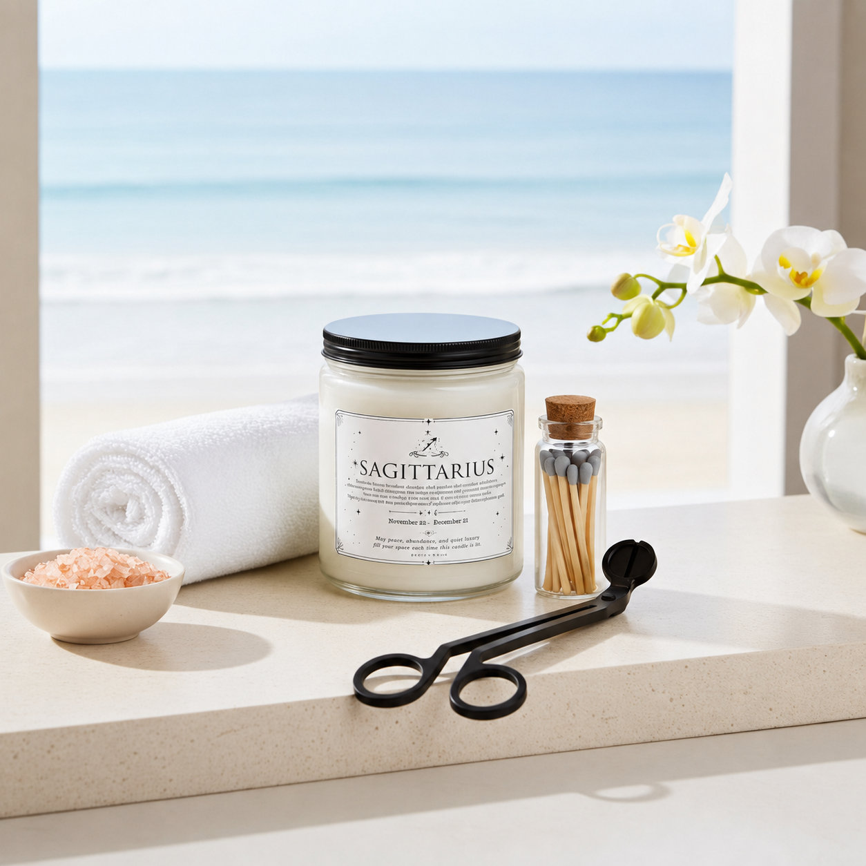 Candle labeled 'Sagittarius' on a windowsill with a view of the ocean.