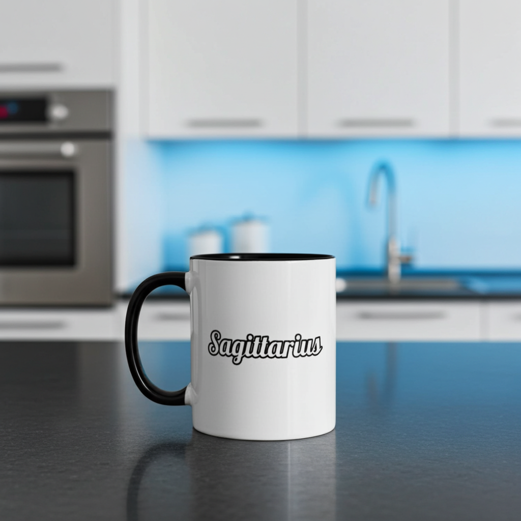 White mug with black handle and 'Sagittarius' text on a kitchen counter