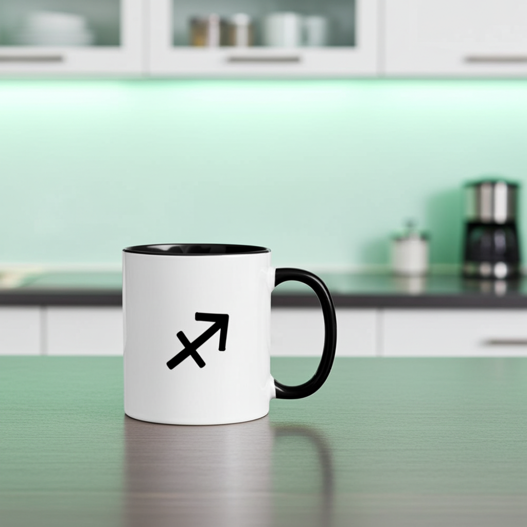 White mug with black handle and black Sagittarius symbol on a kitchen counter