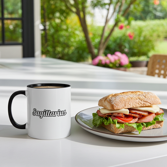 White mug with 'Sagittarius' text and a sandwich on a plate outdoors.