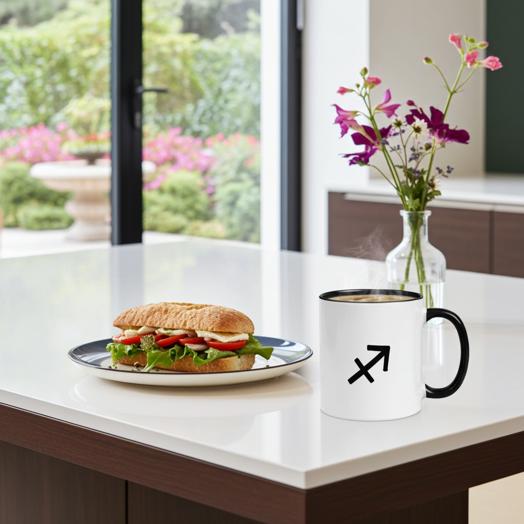 Mug with sagittarius symbol next to a sandwich on a kitchen counter