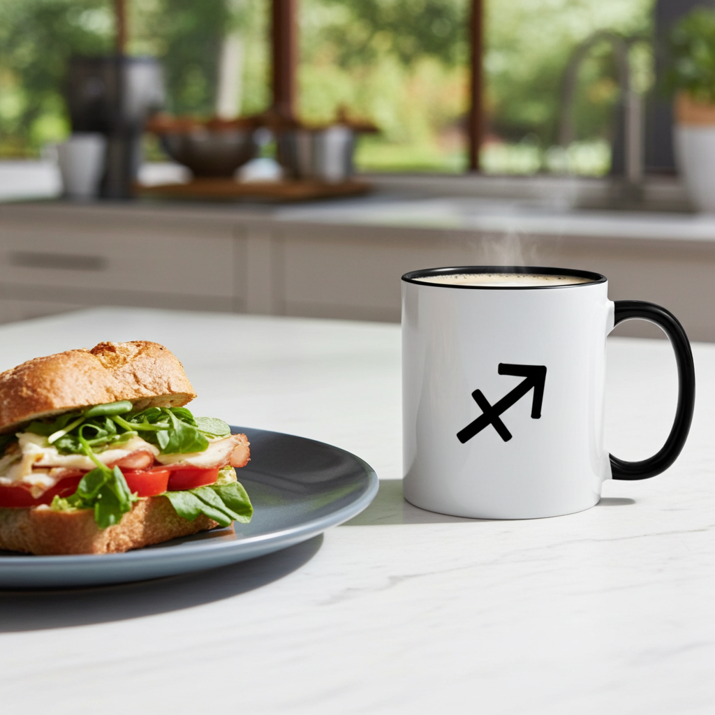 Mug with a sagittarius symbol next to a sandwich on a kitchen counter
