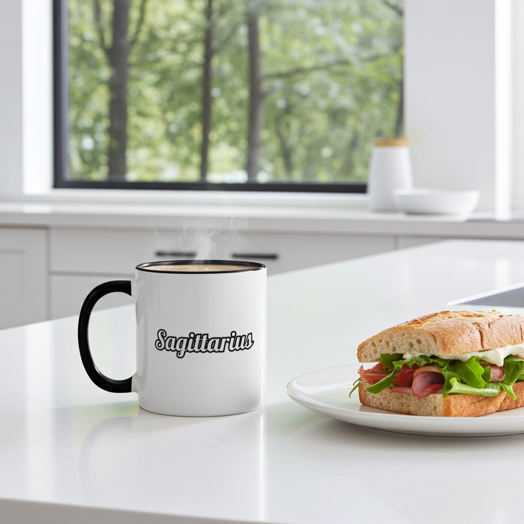 Mug with 'Sagittarius' text on a kitchen counter with a sandwich