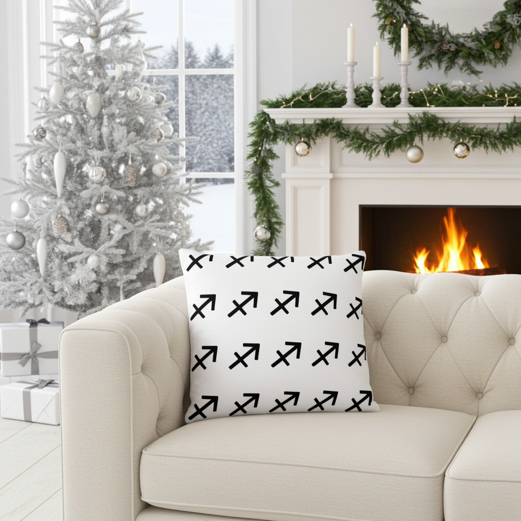 Decorative pillow with black arrow pattern on a beige sofa in a festive living room.