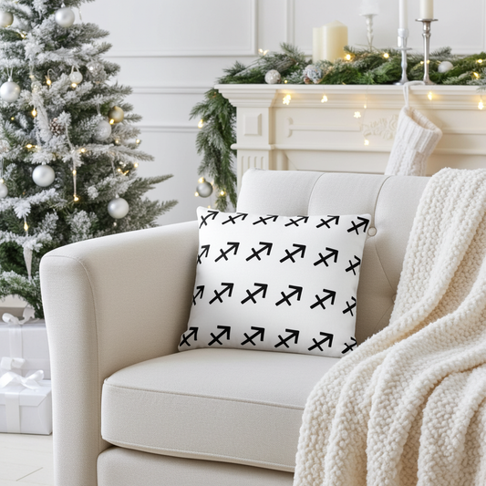 Decorative pillow with black arrow pattern on a white couch in a festive living room.