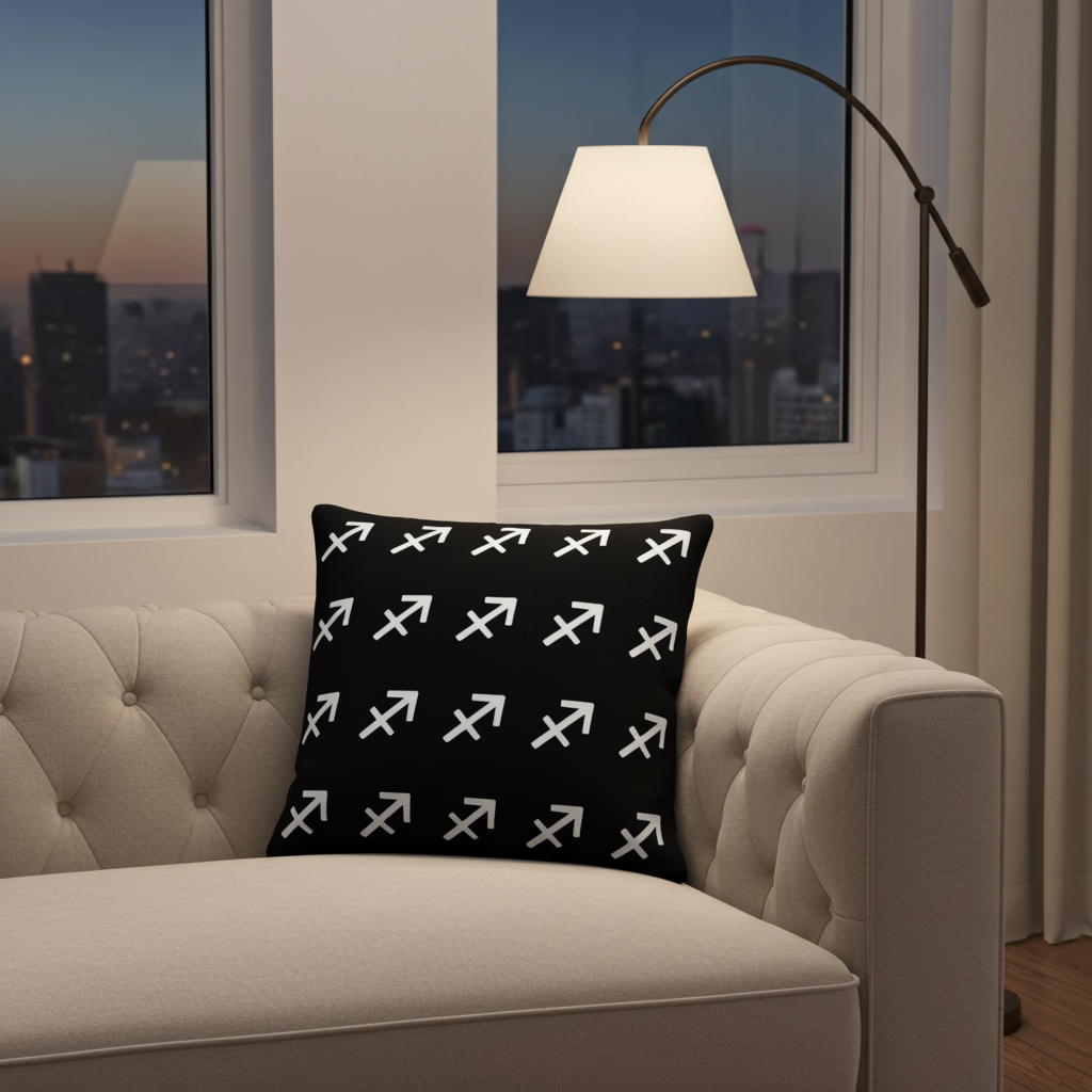 Black pillow with white Sagittarius patterns on a beige sofa in a room with a cityscape view.