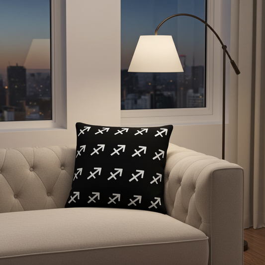 Black pillow with white Sagittarius patterns on a beige sofa in a room with a cityscape view.