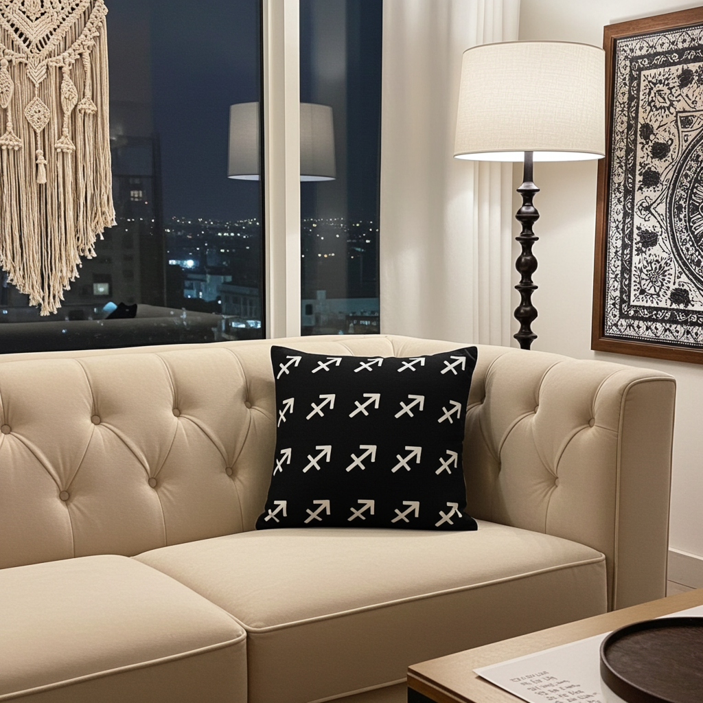 Beige sofa with a black pillow featuring white sagittarius symbols, lamp, and decorative wall art in a room with cityscape view.