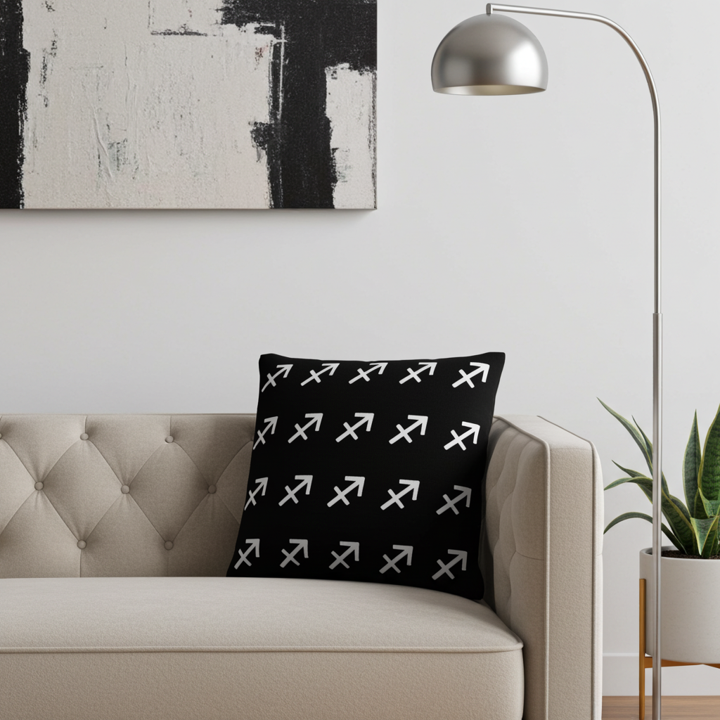 Black pillow with white Sagittarius patterns on a beige sofa in a living room setting.