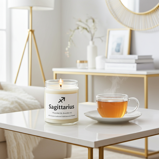 A lit glass jar candle labeled 'Sagittarius' sits on a white coffee table beside a glass cup of tea in a bright, modern living room setting.
