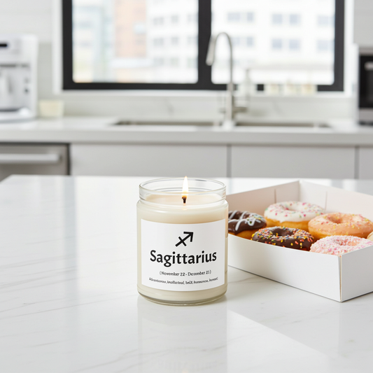 Candle labeled 'Sagittarius' on a kitchen counter with a box of donuts.