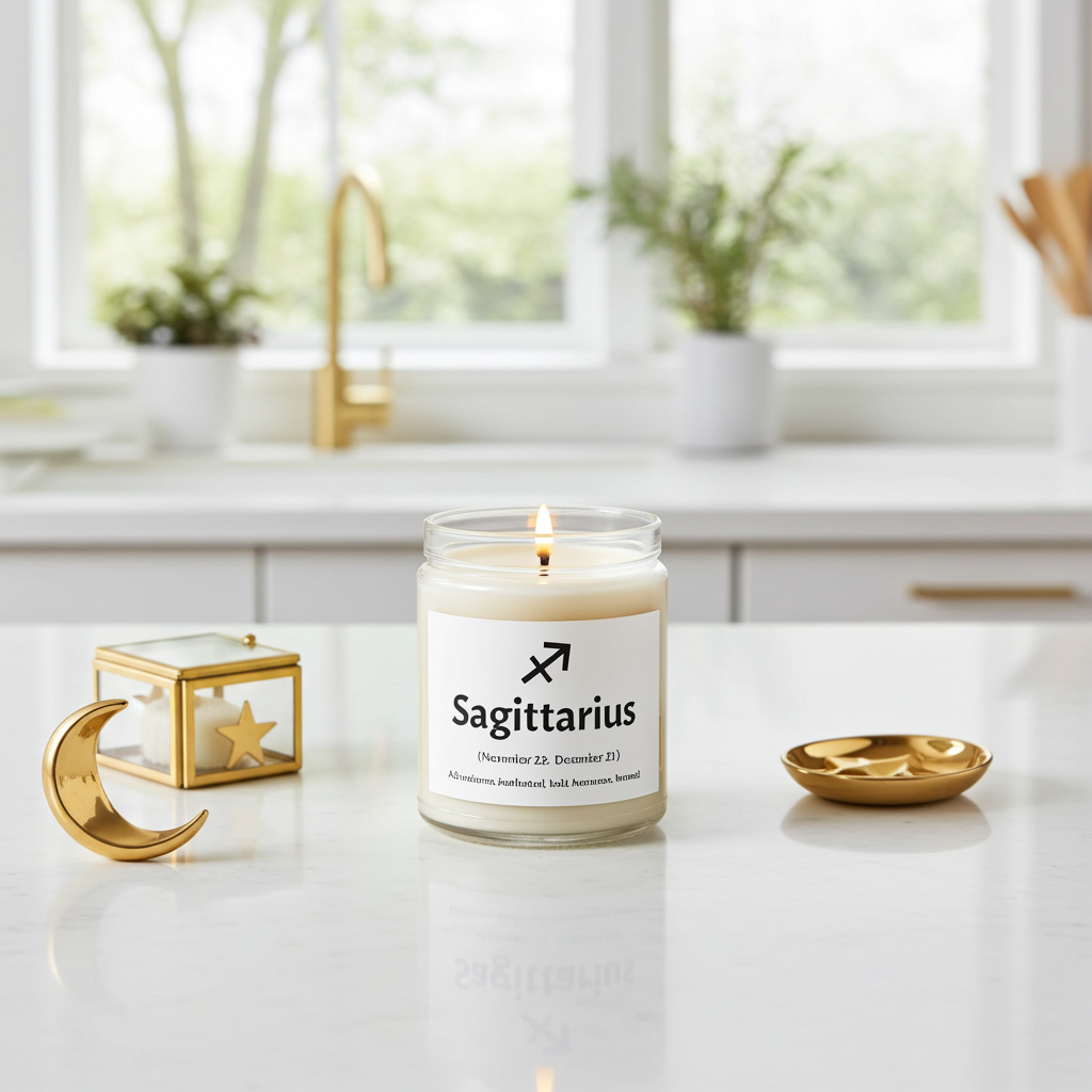 Sagittarius candle on a kitchen counter with decorative items