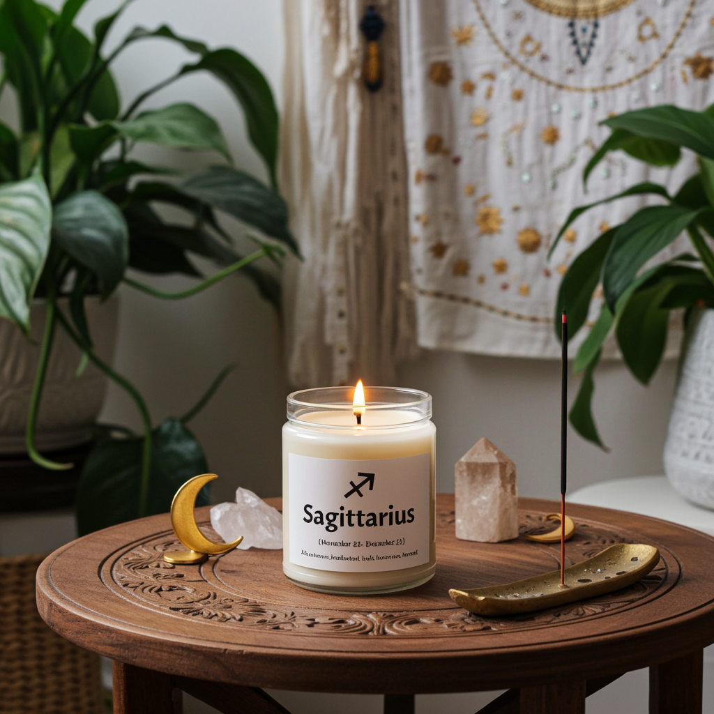 Sagittarius candle on a wooden table with decorative items and plants in the background