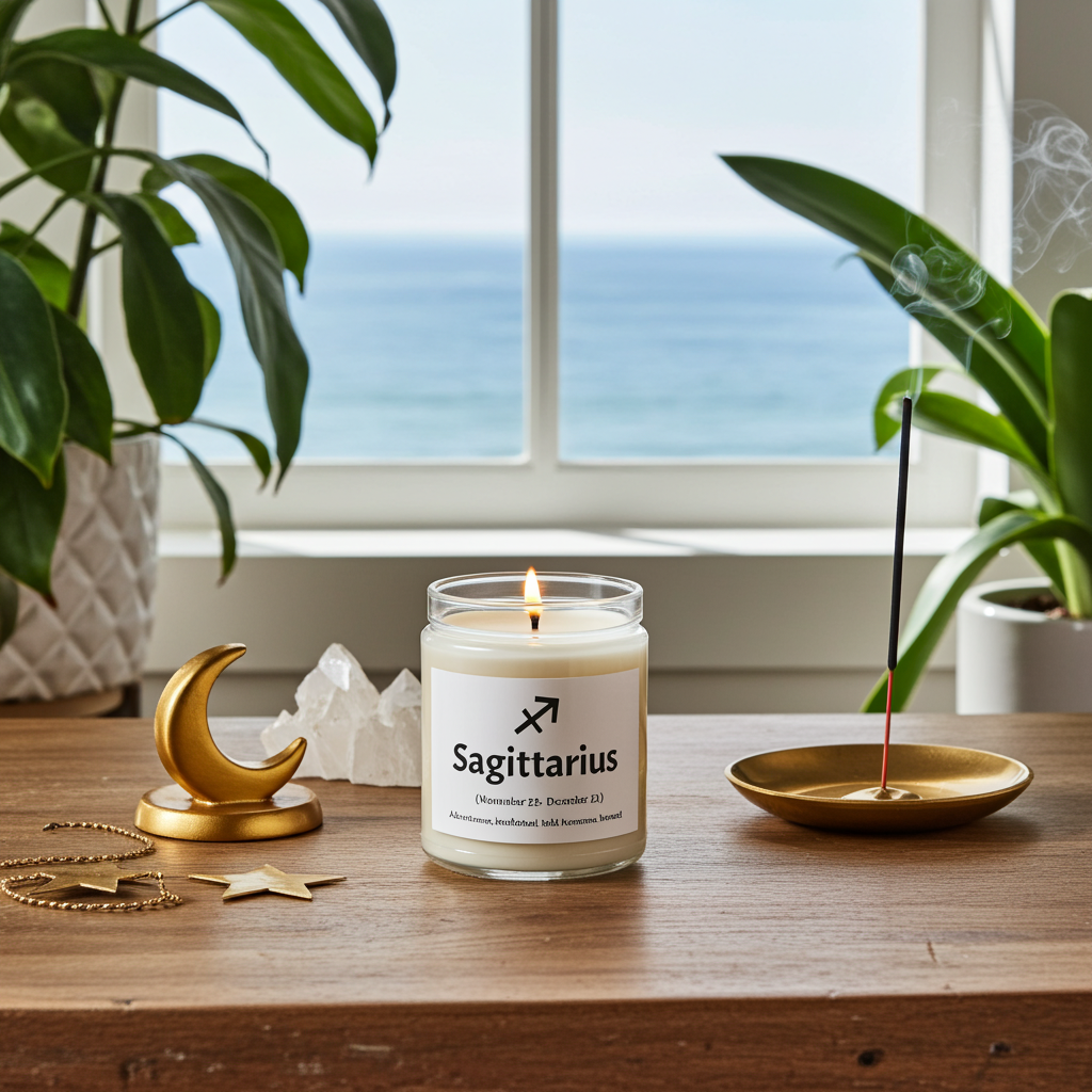 Sagittarius candle on a wooden surface with plants and a window view of the ocean.