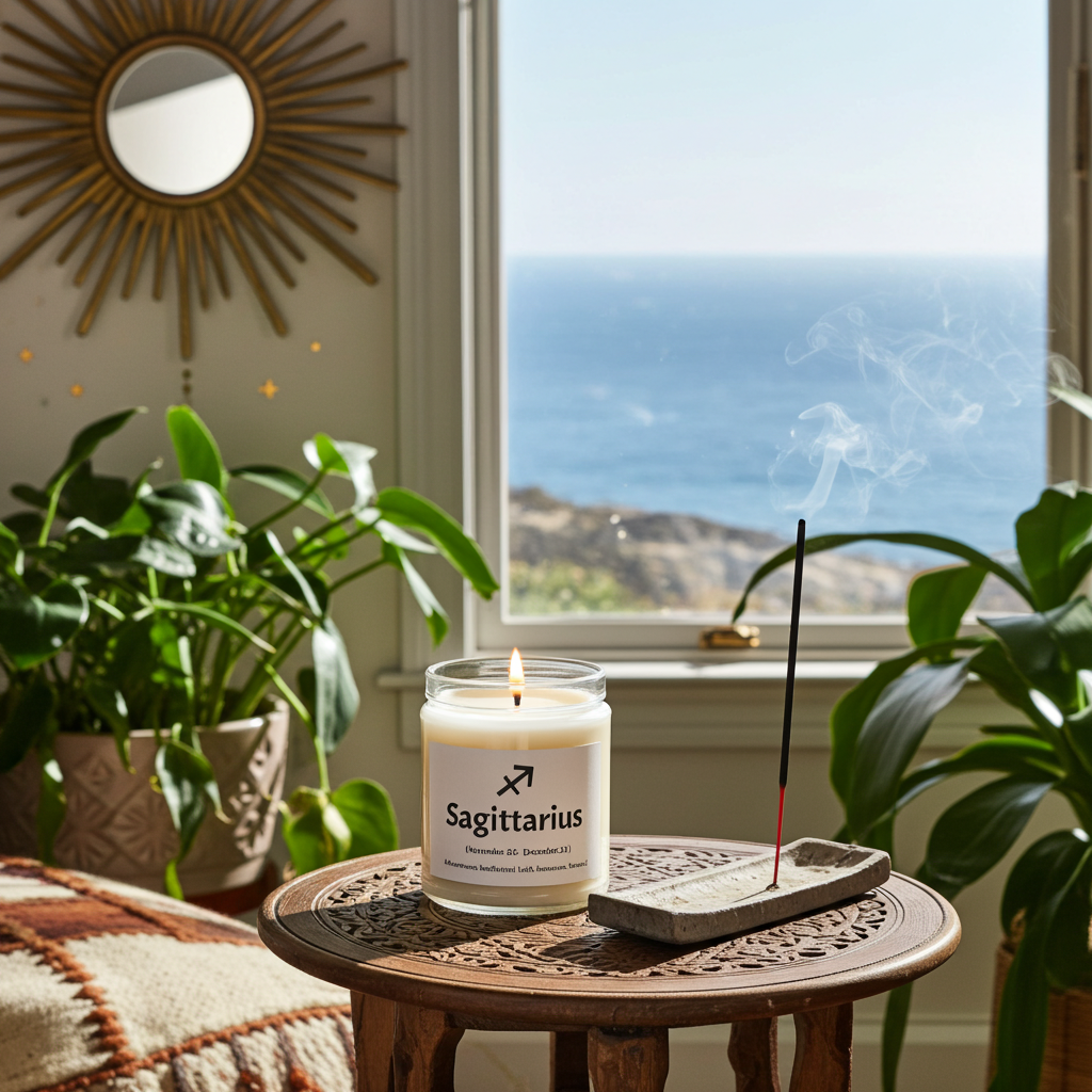 Sagittarius candle on a wooden table with plants and a scenic view in the background