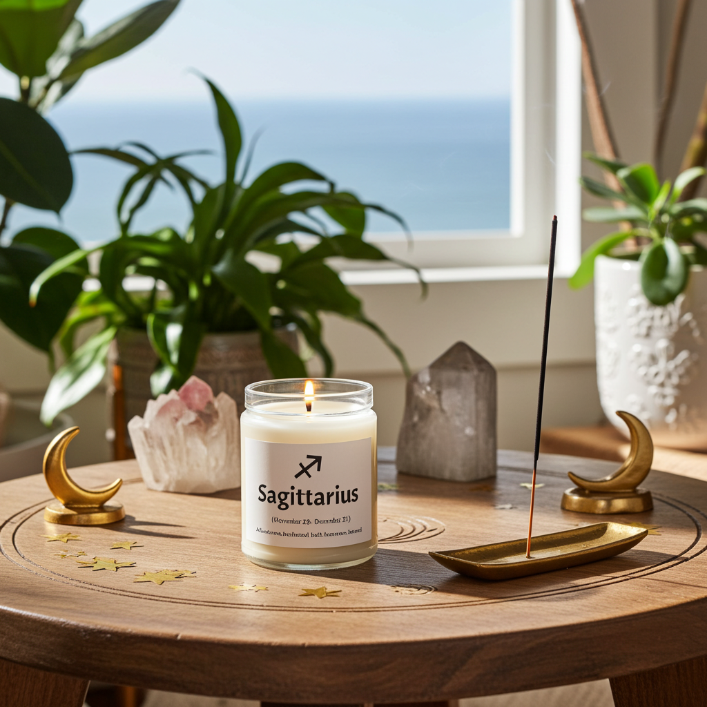 Sagittarius candle on a wooden table with plants and a window in the background