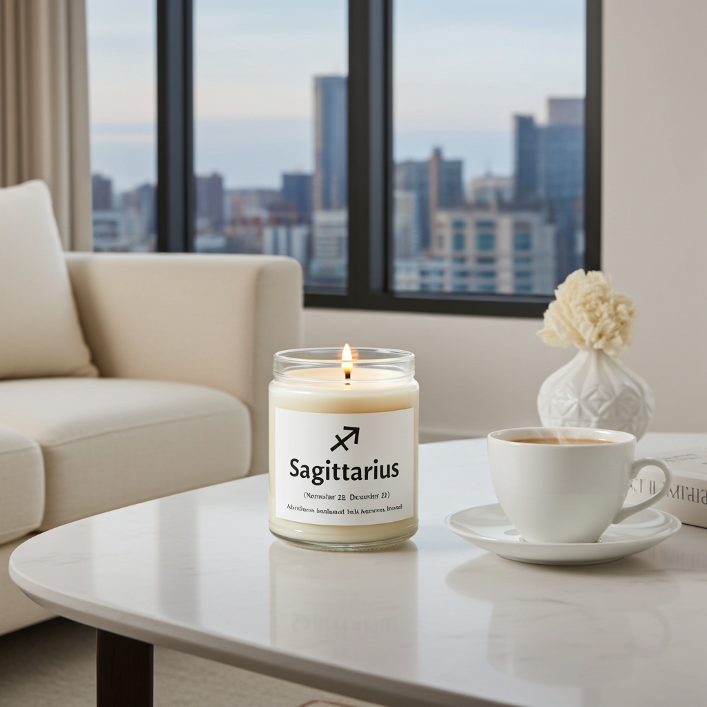 A lit candle in a clear glass jar sits on a white table in a modern living room setting, with a coffee cup, vase, and large window view of a city skyline in the background. The candle label reads 'Sagittarius'.