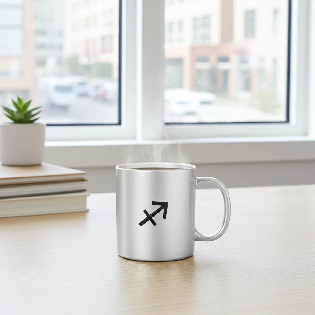 Silver mug with a black symbol on a desk in a bright room with large windows.