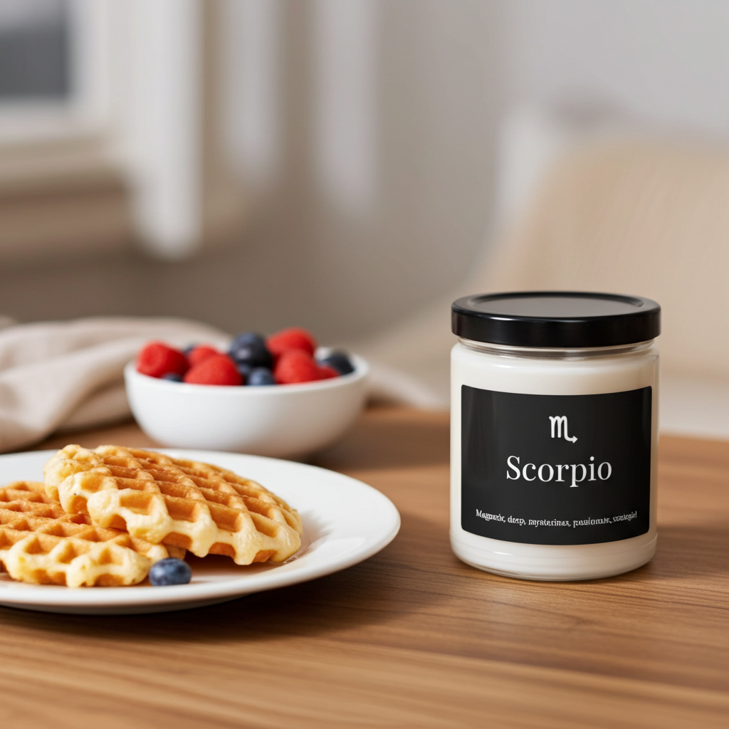 Candle labeled 'Scorpio' next to waffles and berries on a table