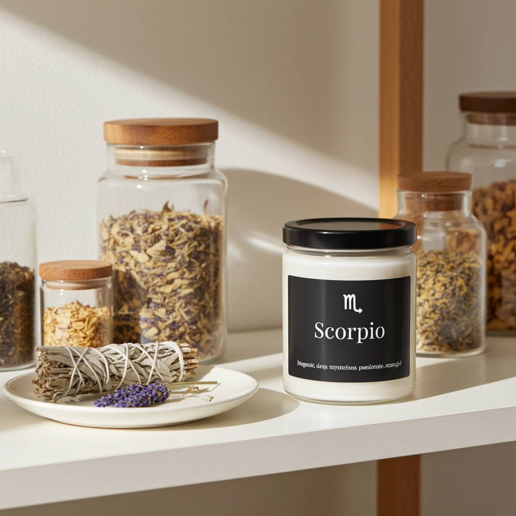 Candle labeled 'Scorpio' on a shelf with jars of herbs and a plate of lavender.