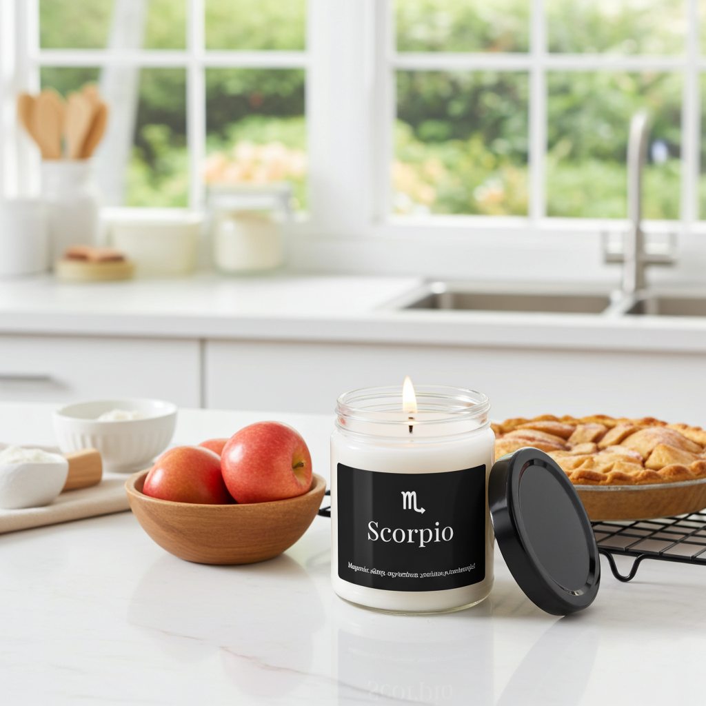 Candle labeled 'Scorpio' on a kitchen counter with apples and a pie in the background