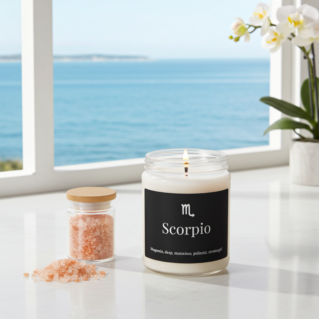 Candle labeled 'Scorpio' on a windowsill with a view of the ocean.