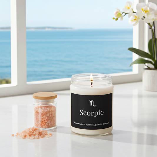 Candle labeled 'Scorpio' on a windowsill with a view of the ocean.