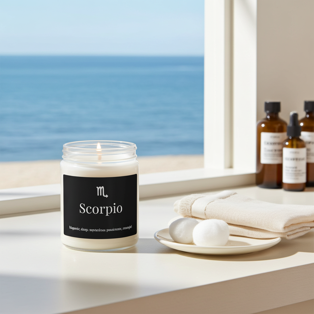 Candle labeled 'Scorpio' on a windowsill with a view of the ocean.