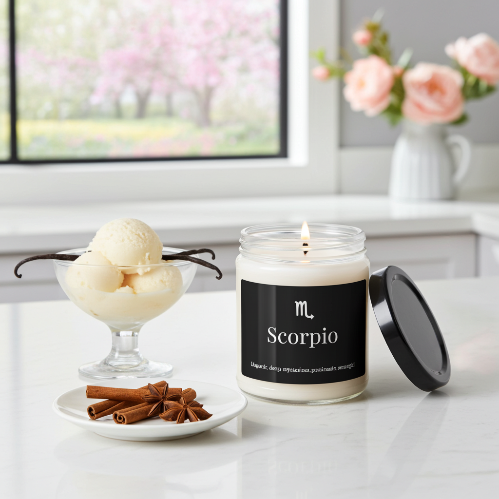 Scorpio candle with vanilla ice cream and cinnamon sticks on a table