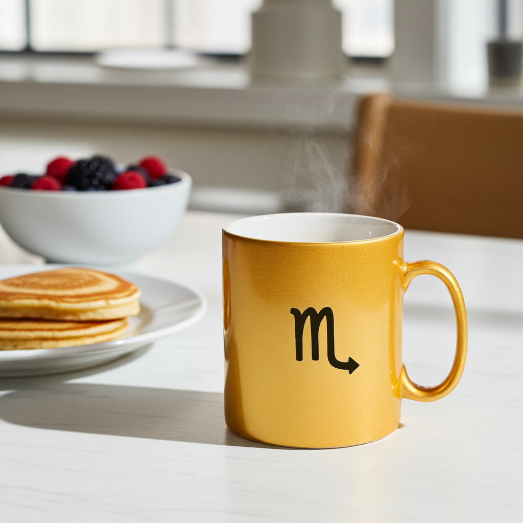 Gold mug with a black astrological symbol on a kitchen counter with pancakes and berries.