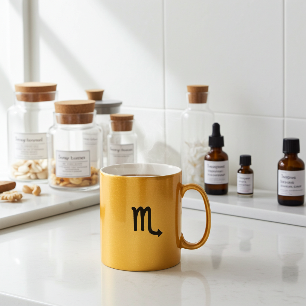 Gold mug with a Scorpio symbol on a kitchen counter with jars and bottles in the background