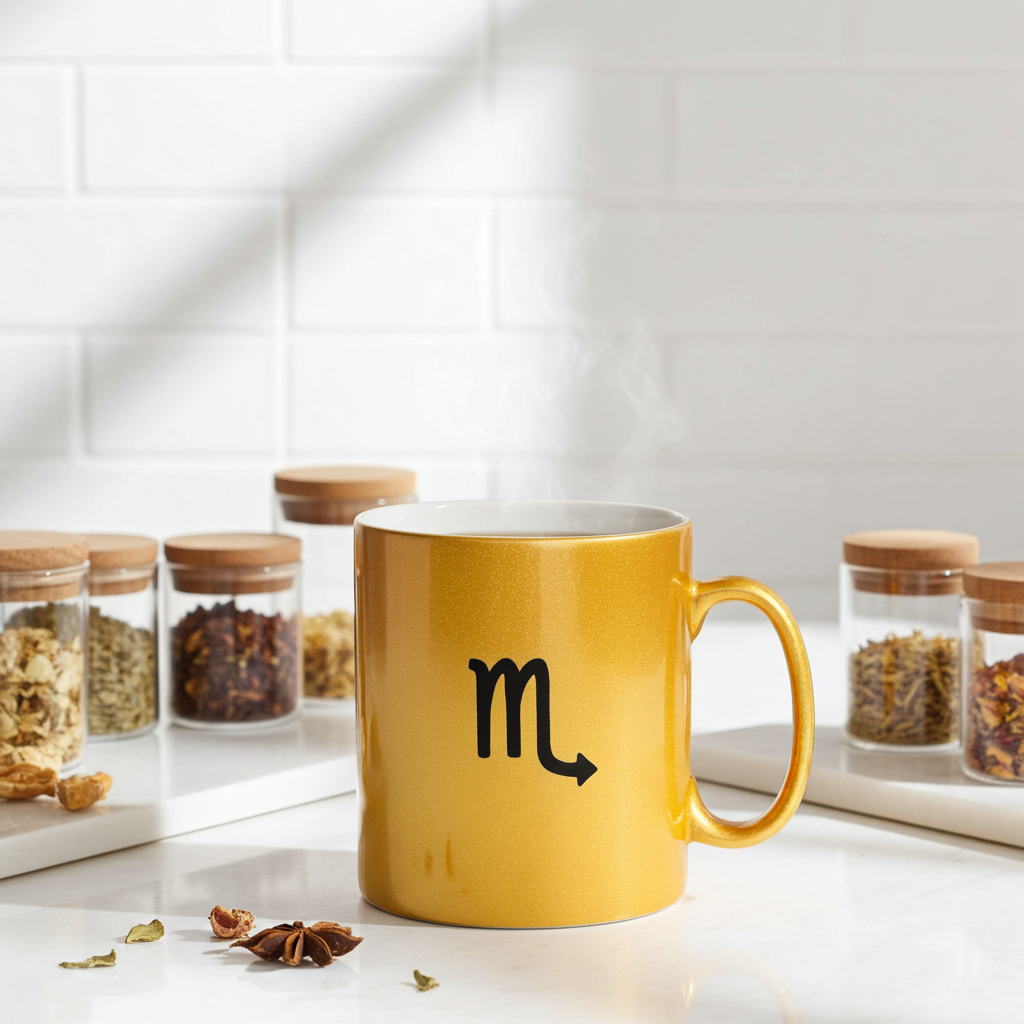 Gold mug with a black Scorpio symbol on a white surface with jars of spices in the background.