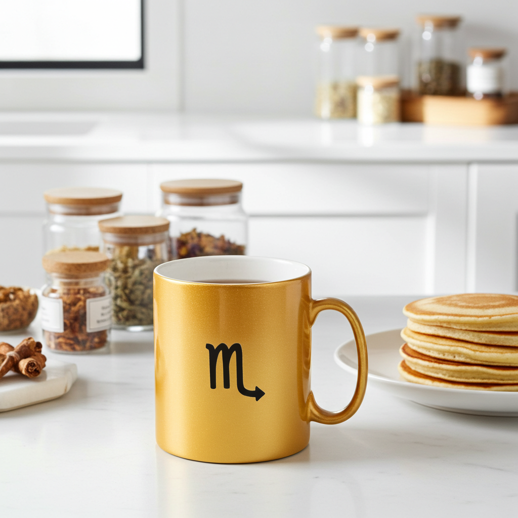 Gold mug with a Scorpio symbol on a kitchen counter with pancakes and jars in the background