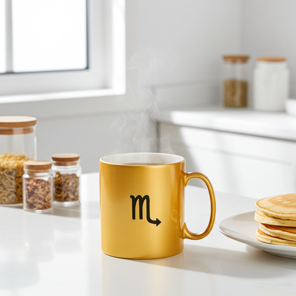 Gold mug with a Scorpio symbol on a kitchen counter with pancakes and jars in the background.