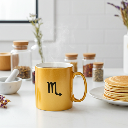 Gold mug with a Scorpio symbol on a kitchen counter with pancakes and jars in the background