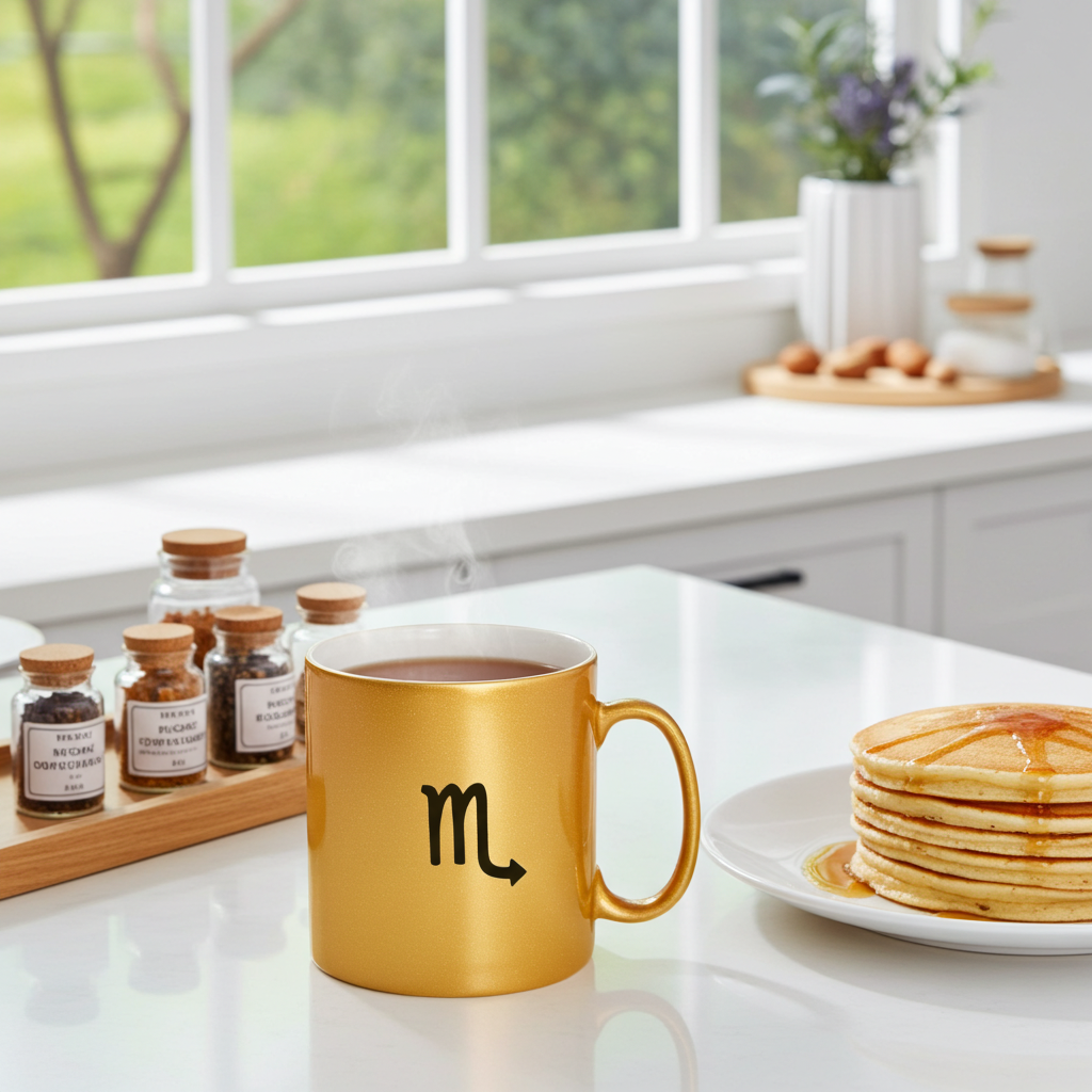 Gold mug with Scorpio symbol on a kitchen counter with pancakes and spices.