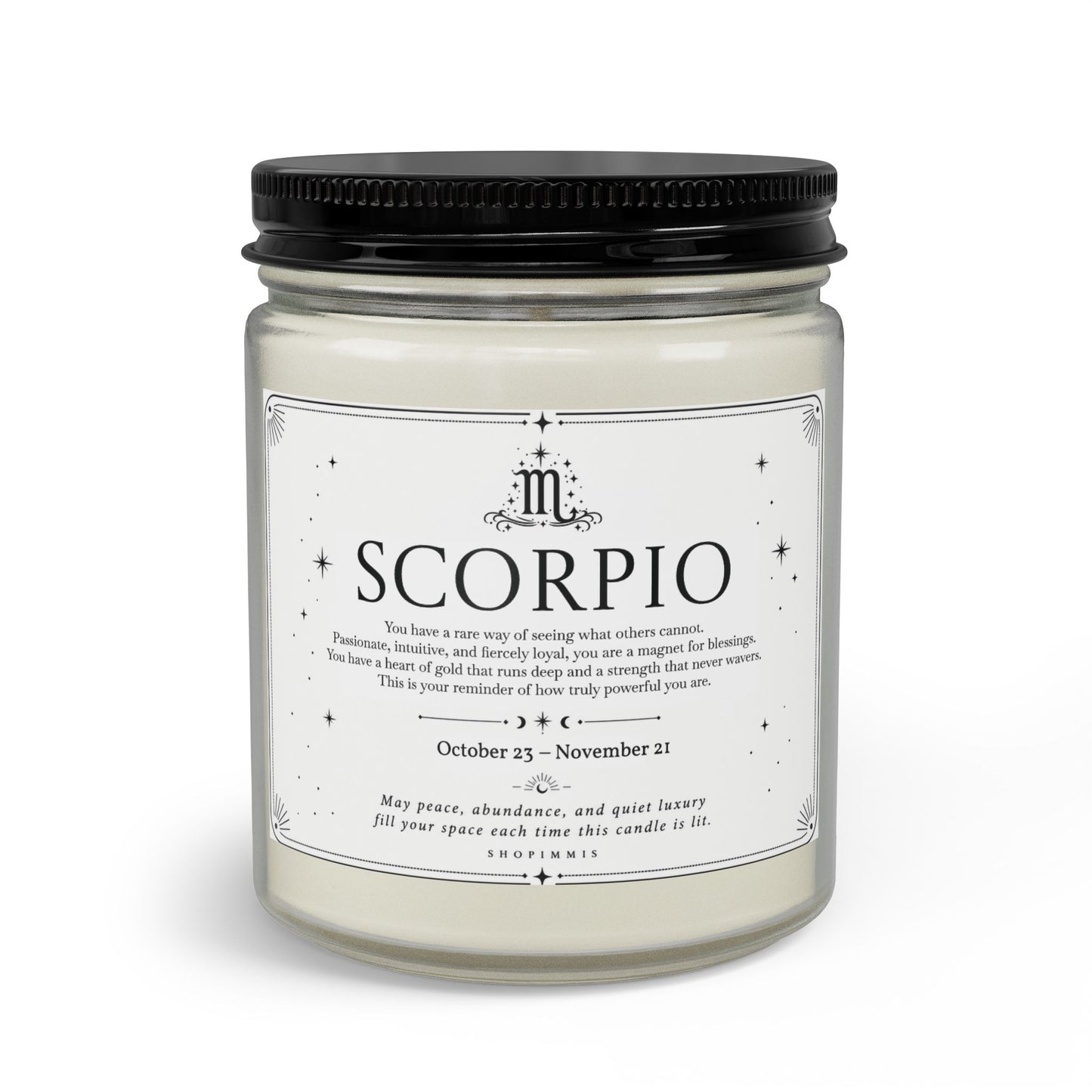 Candle jar labeled 'Scorpio' with a black lid on a white background