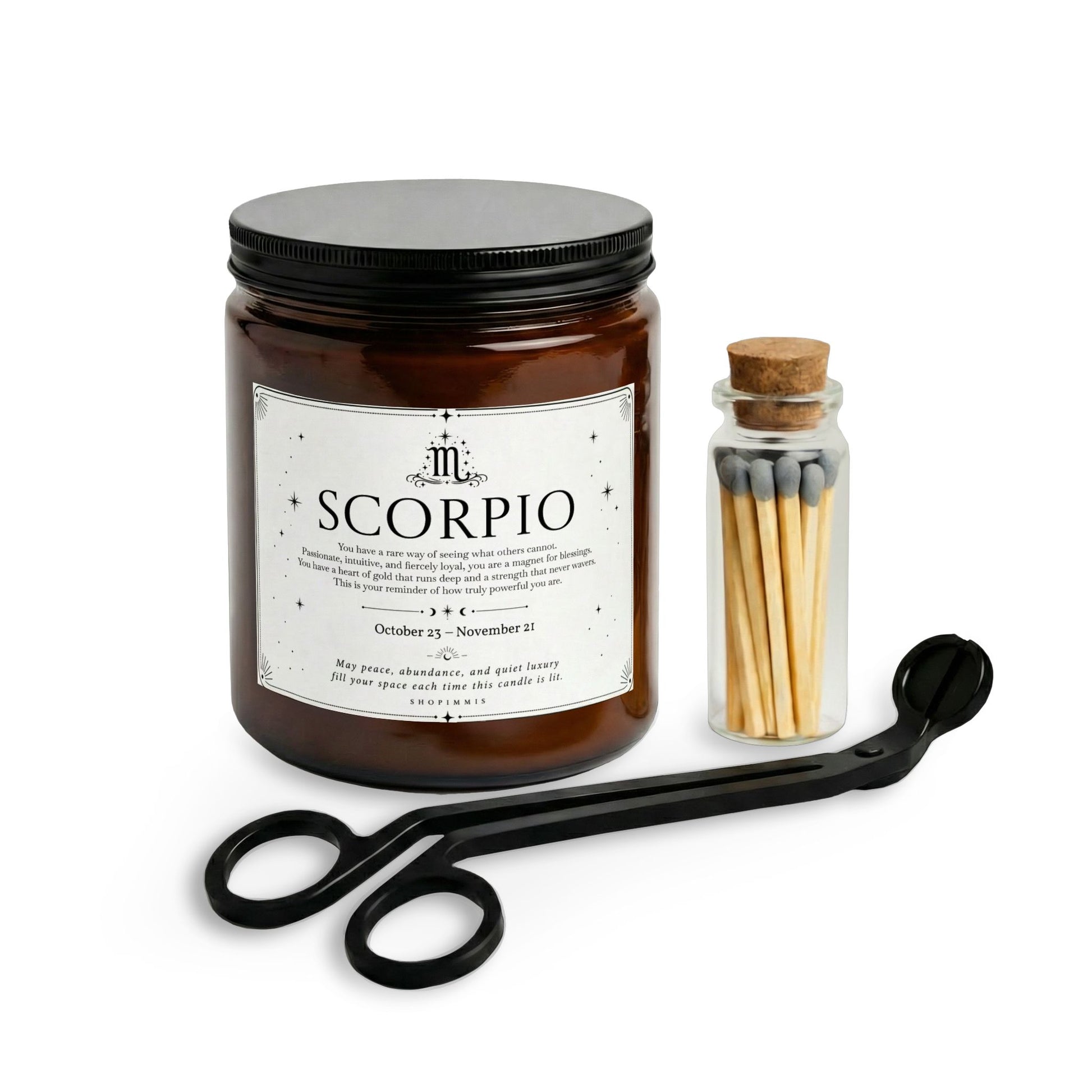 Candle labeled 'Scorpio' with matches and tongs on a white background