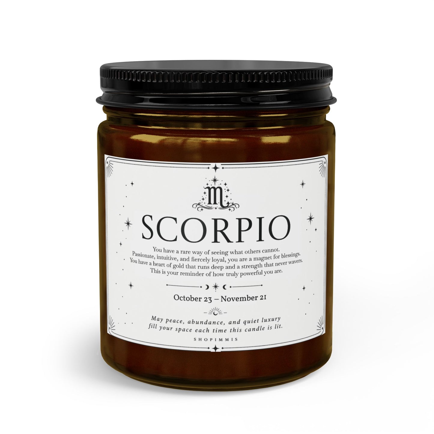 Scorpio Candle jar with a label on a white background