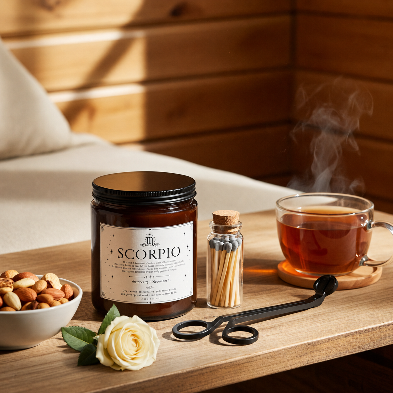 Candle labeled 'Scorpio' with a cup of tea, bowl of nuts, and rose on a wooden surface.